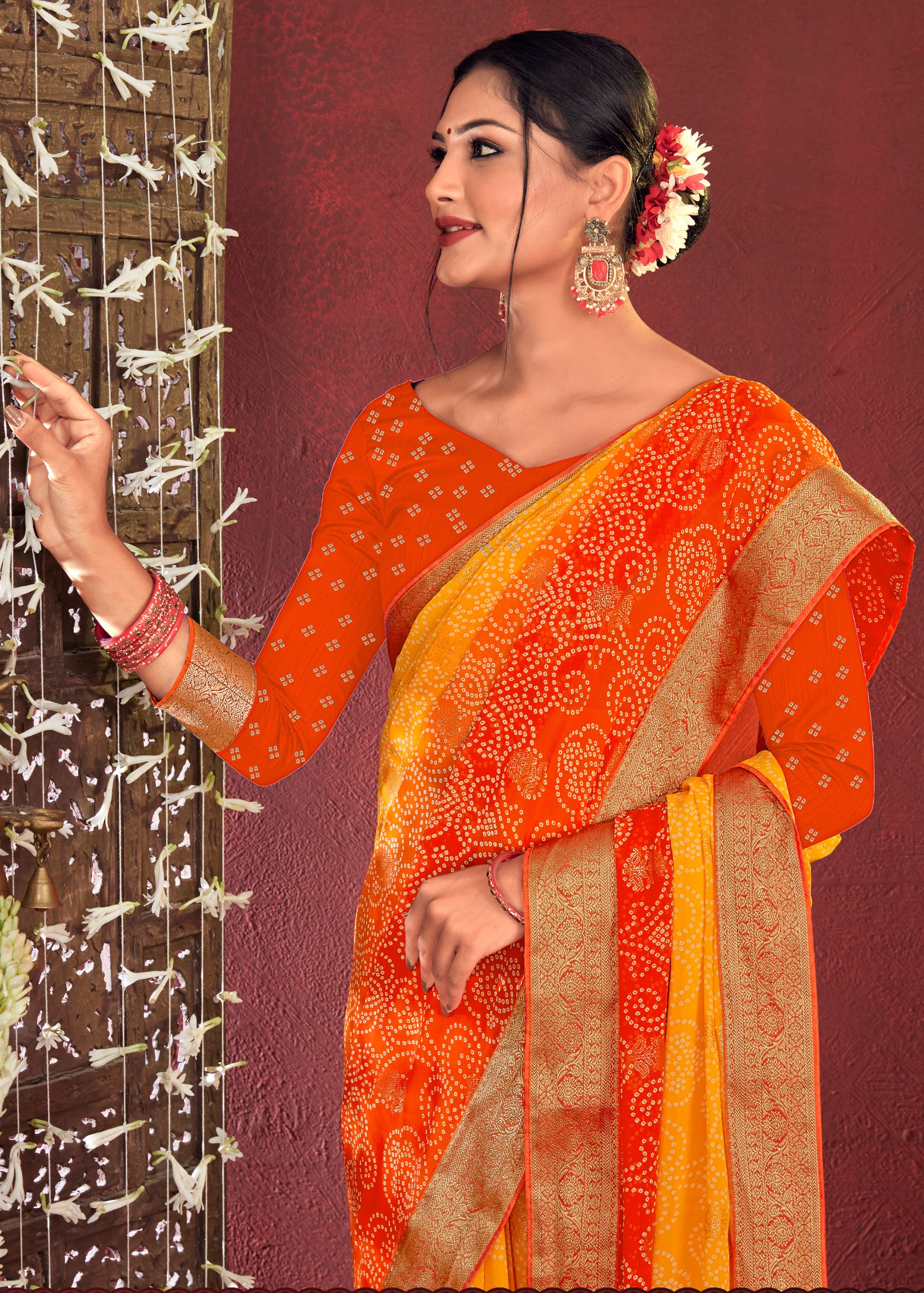 Dual Shades Bandhani Printed Orange Yellow Weightless Georgette Saree With Embroidery Lace
