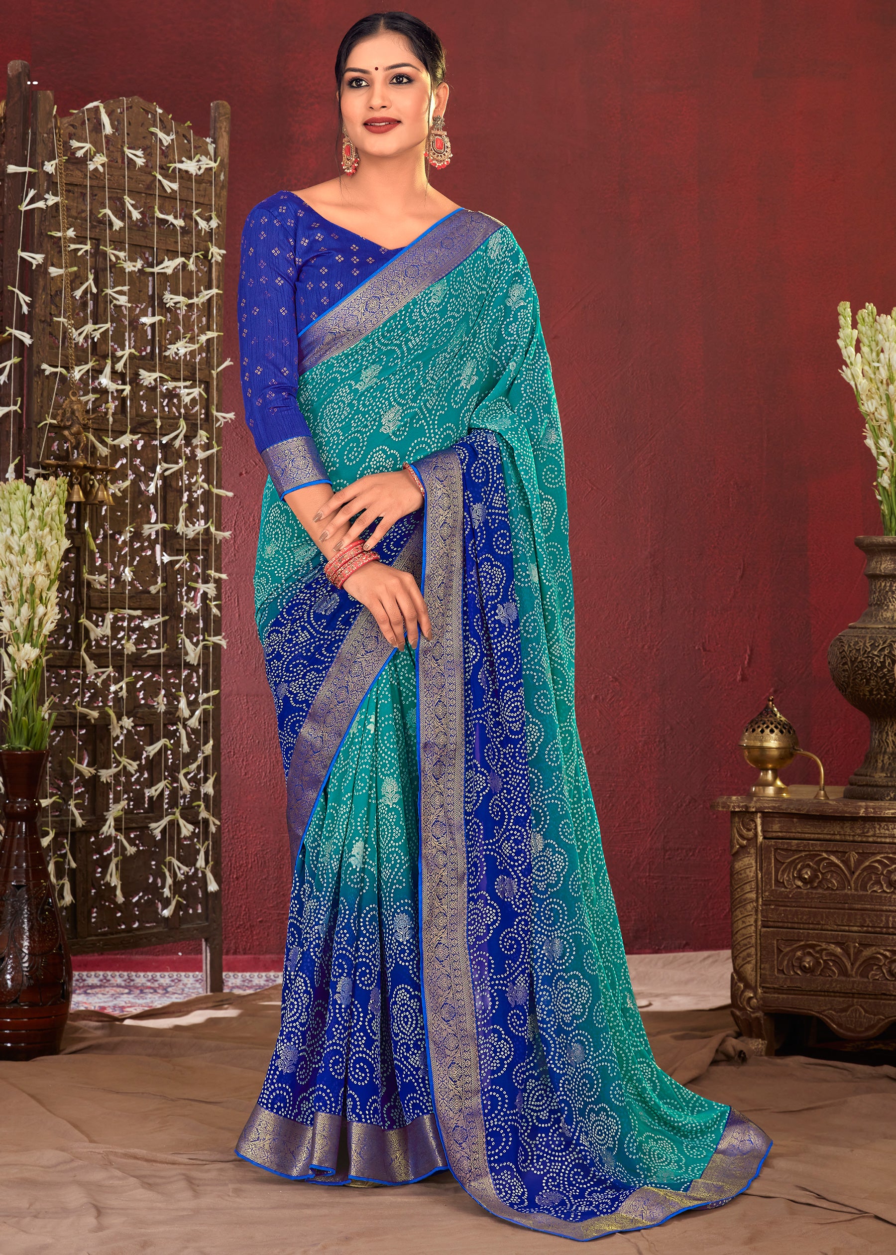 Dual Shades Bandhani Printed Royal Blue Weightless Georgette Saree With Embroidery Lace