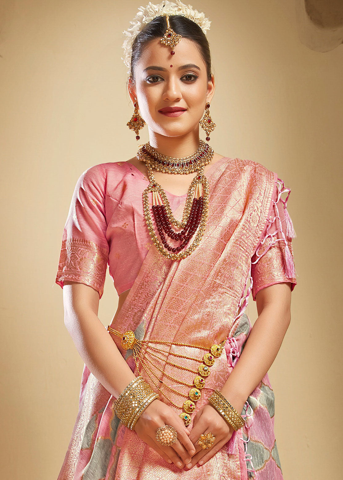 Geometric Woven Pink Grey Rangkart Silk Saree