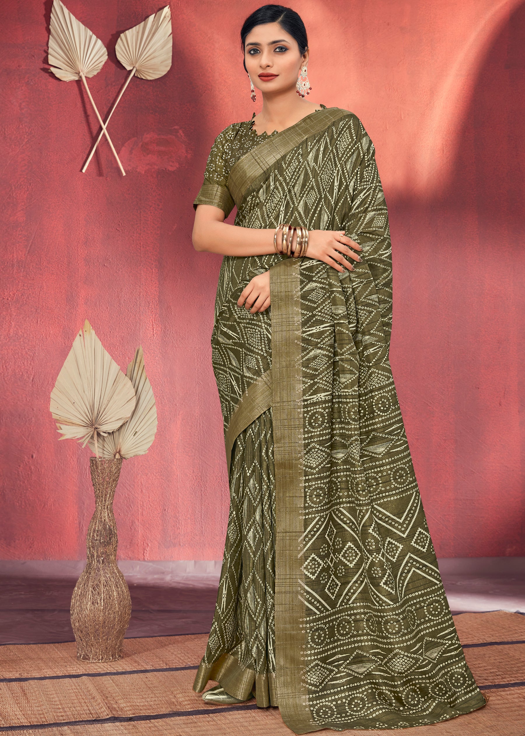 Pure Handloom Weave Block Prints Metalic Green Gotha Silk Saree
