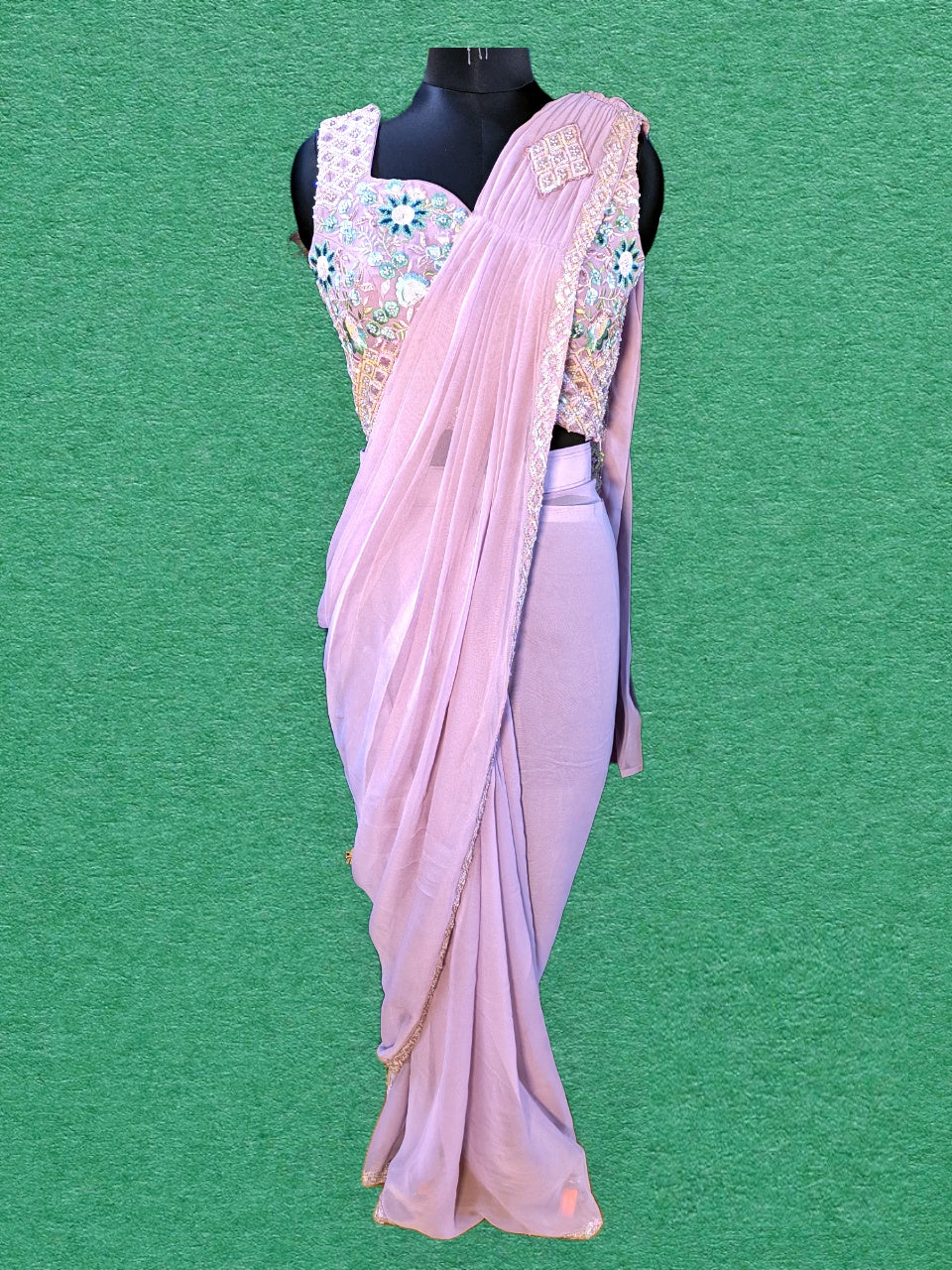 Designer Silver Marble Georgette Pink Ready To Wear Saree