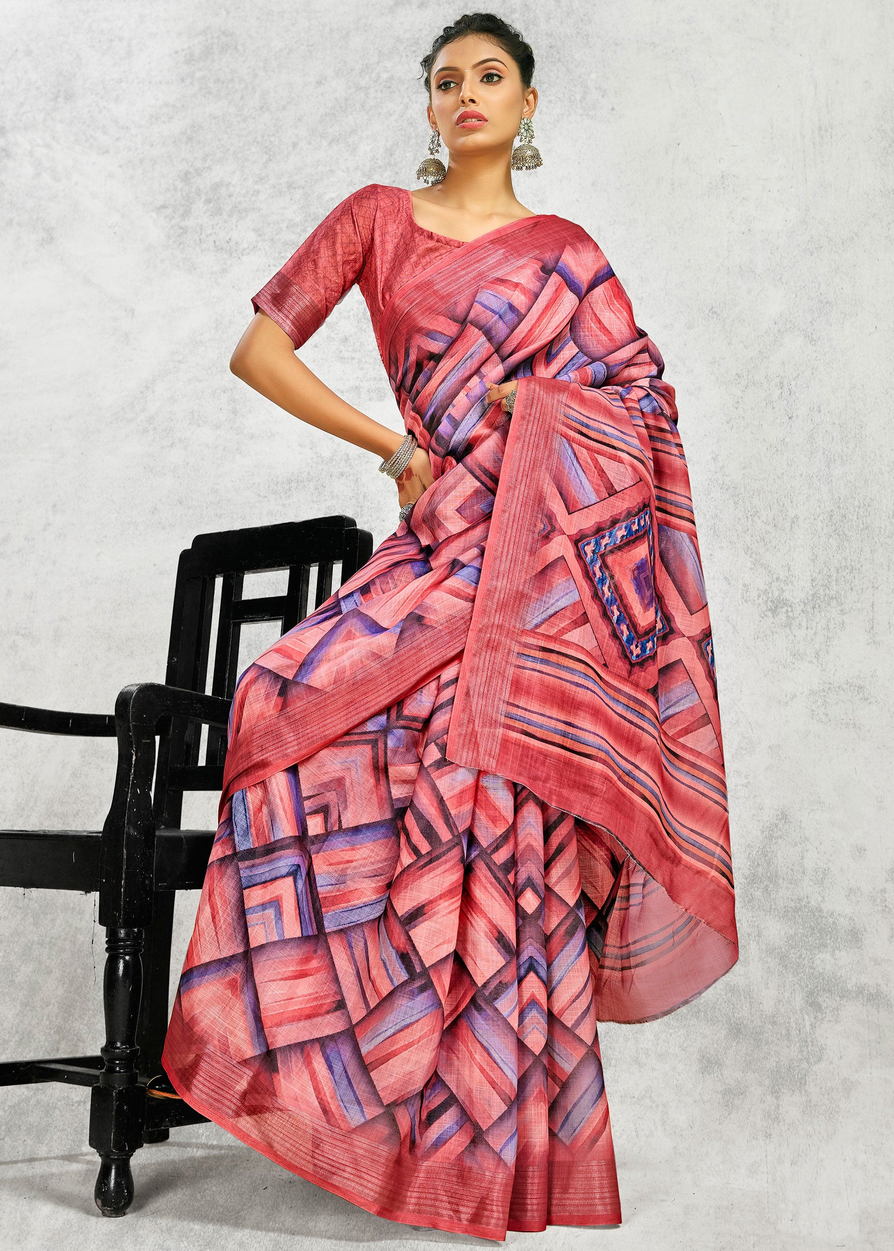 Digital Geometric Printed Pink Linen Cotton Saree
