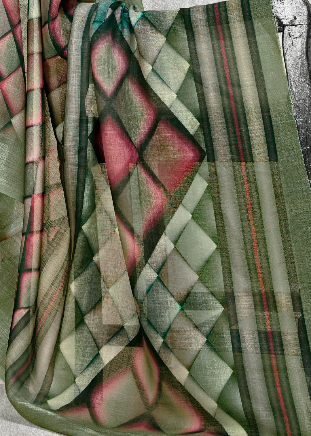 Digital Geometric Printed Metalic Green Linen Cotton Saree