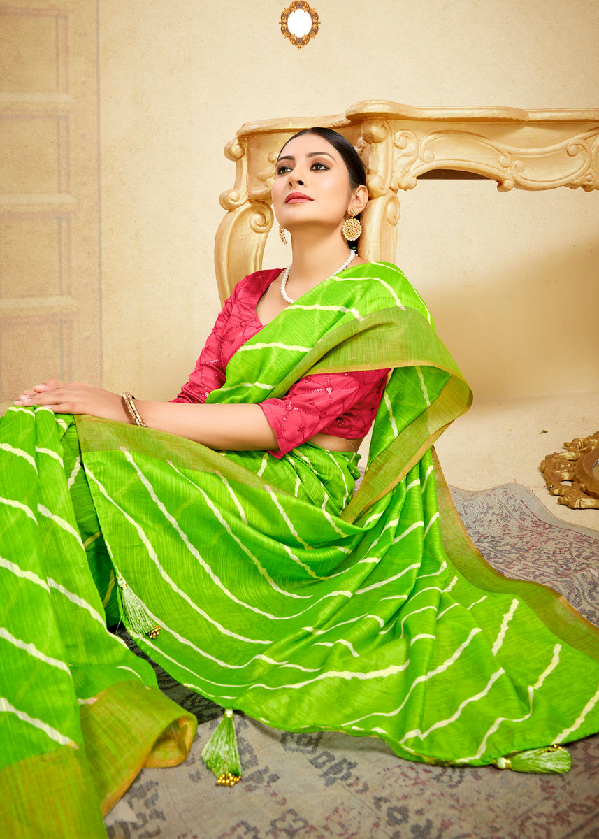 Green - Tie-Dye Mulberry Silk Handloom Leheriya Saree