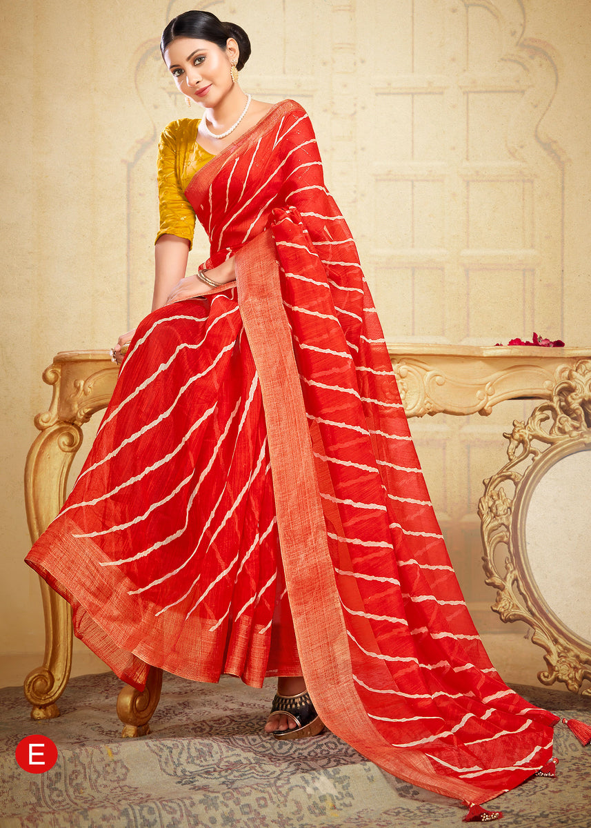 Red - Tie-Dye Tussar Silk Handloom Leheriya Saree
