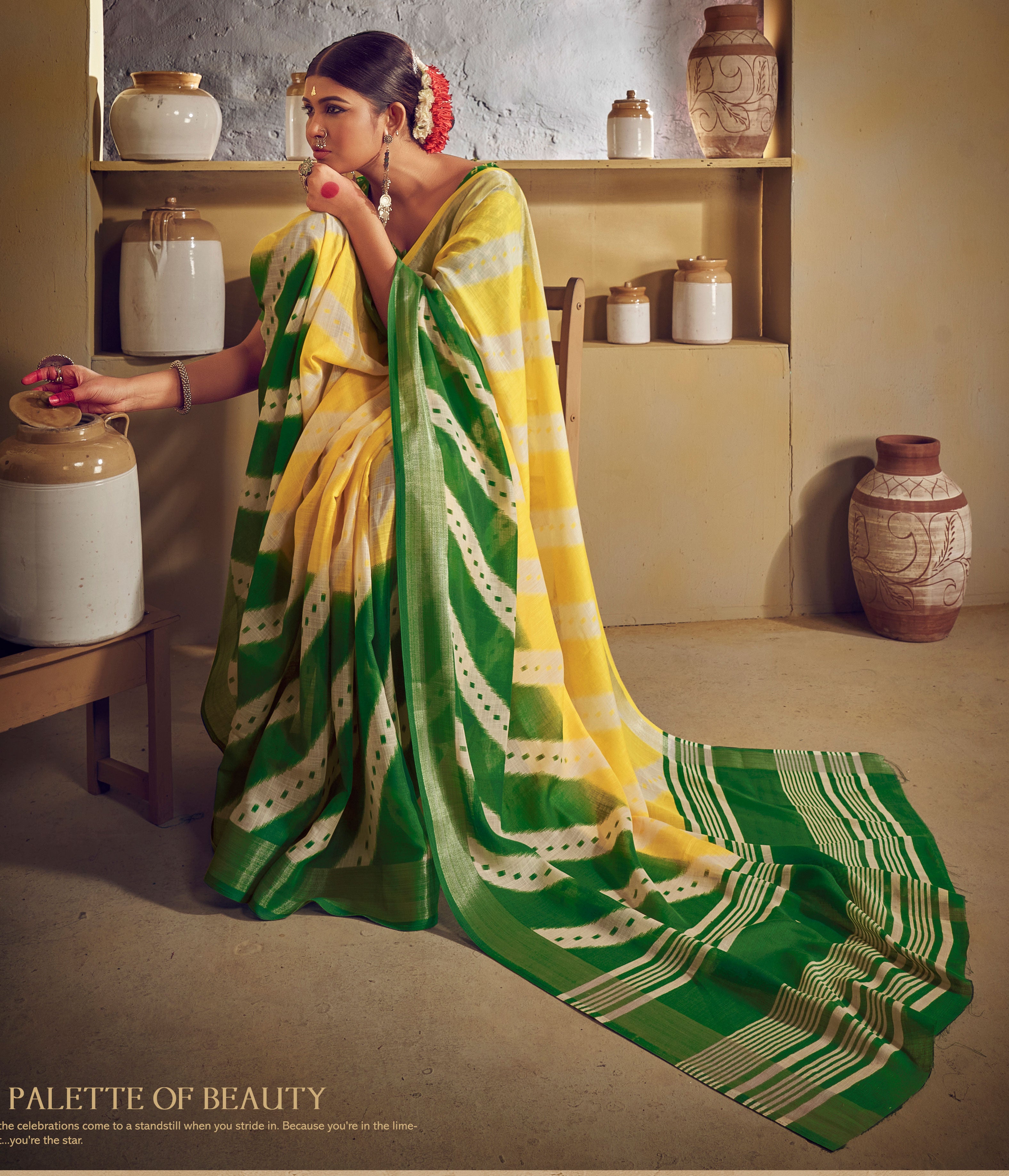 Yellow Green Leheriya Printed Zari Border Linen Cotton Saree