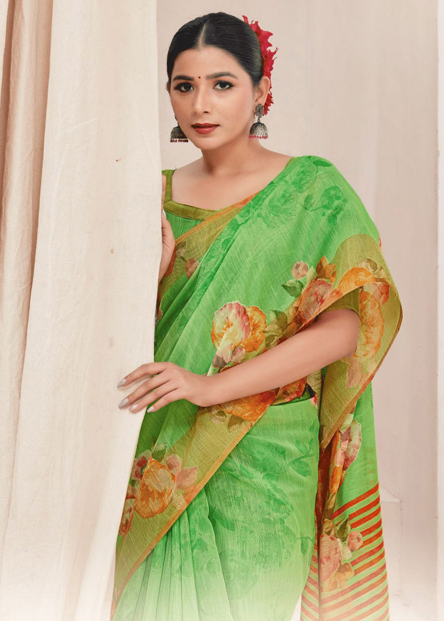 Beautiful Color Prints Bright Green Linen Dailywear Saree