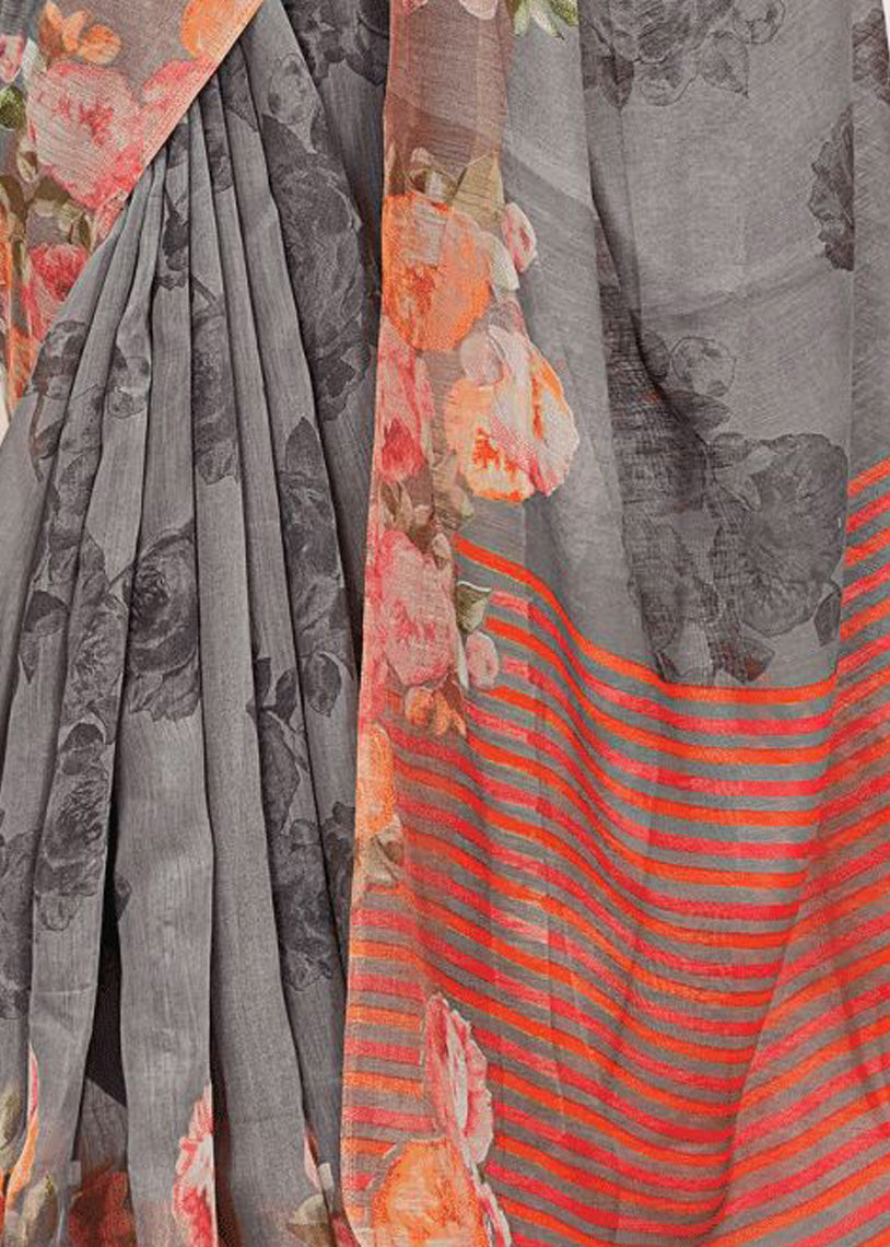 Beautiful Color Prints Grey Linen Dailywear Saree