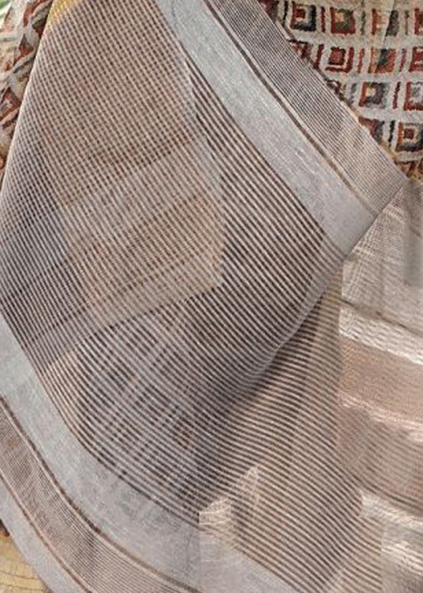 Digital Geometric Prints Zari Work Silver Grey Khadi Linen Saree
