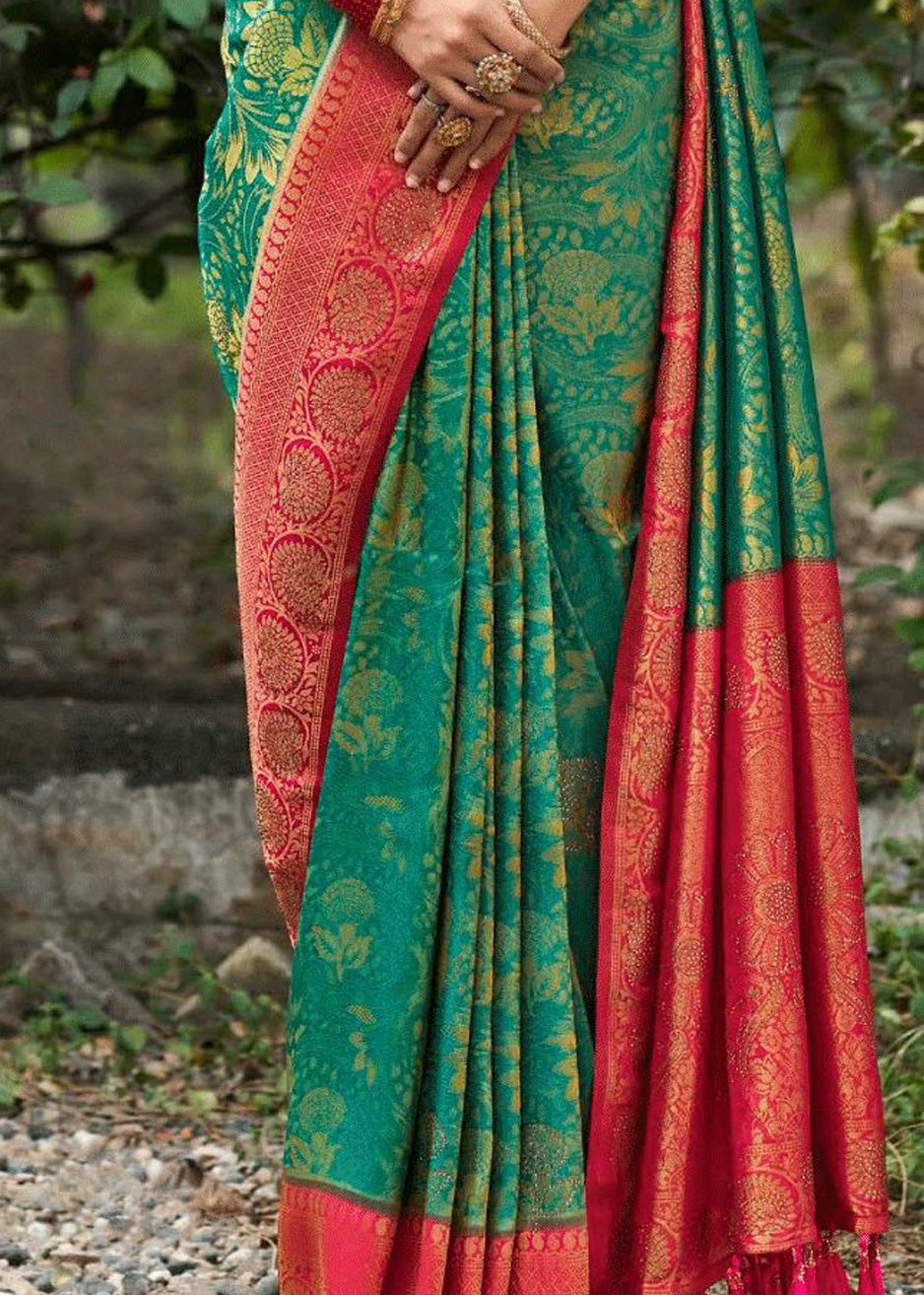 Sworski Work Natural Color Dye Turquiose Green Banarasi Soft Silk Saree