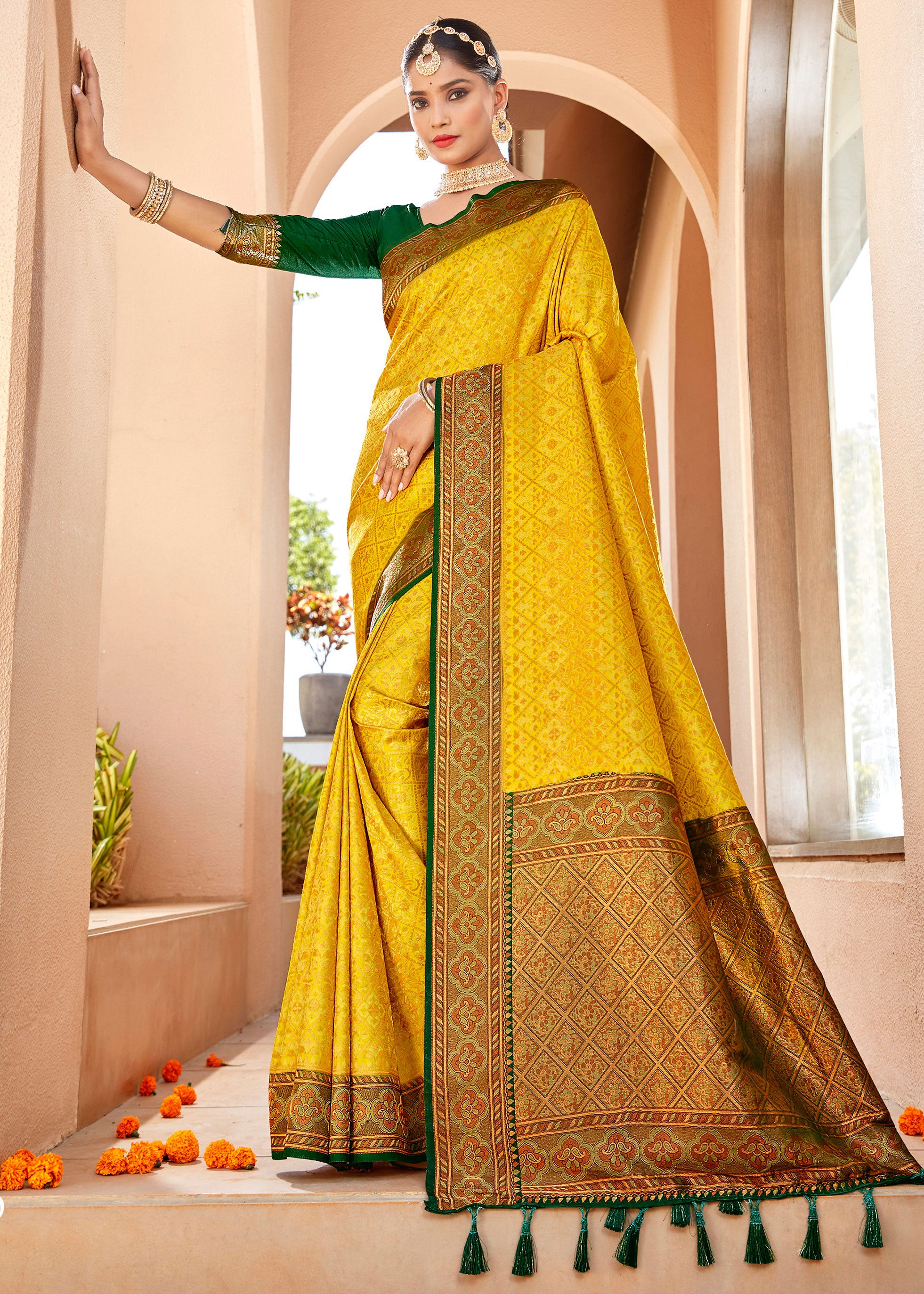 Pure Tanchui Weaving Gold Yellow Traditional Looking Saree