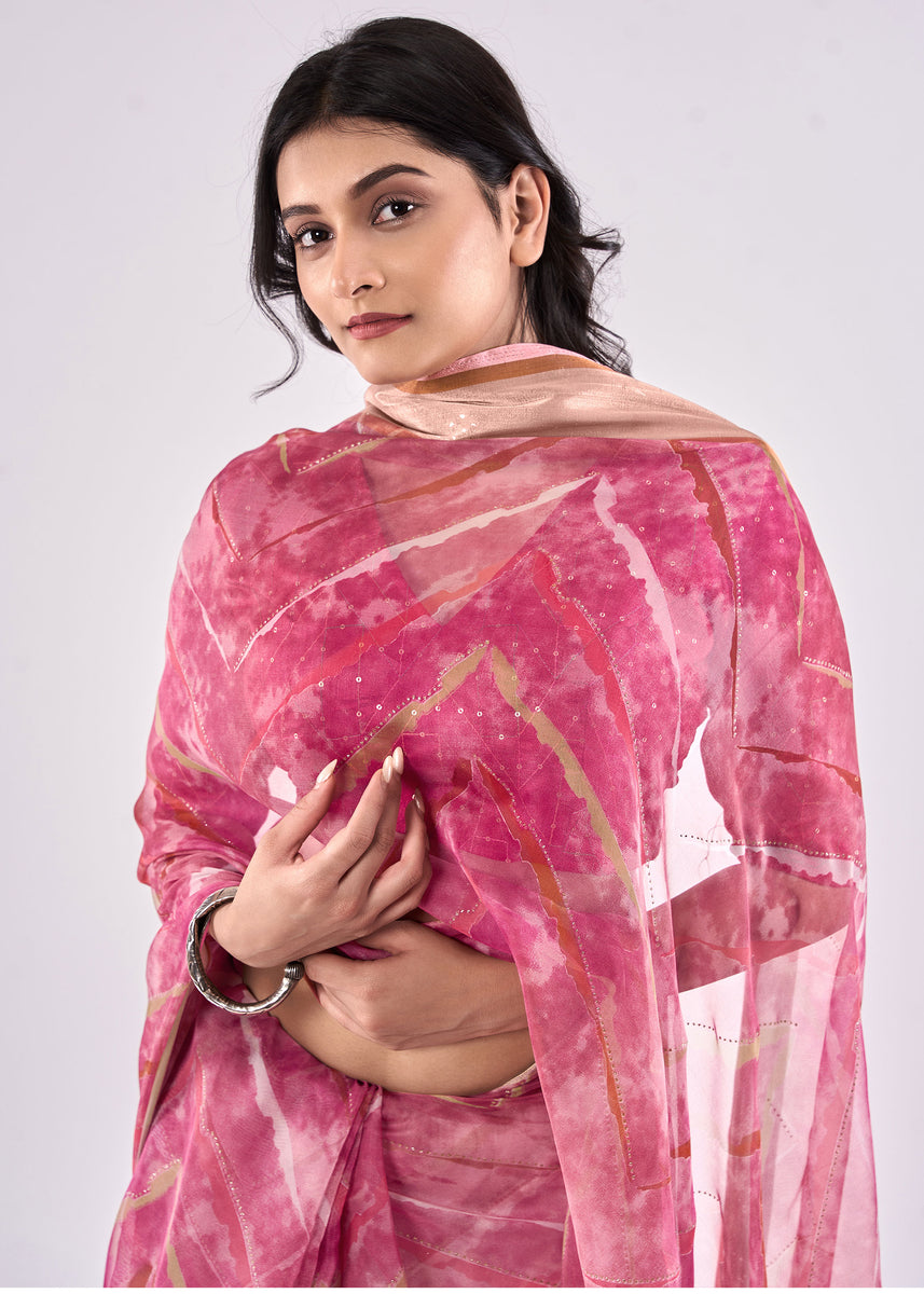 Pure Organza Copper Gold Zari Border Pink Saree With Embroidery Sequin