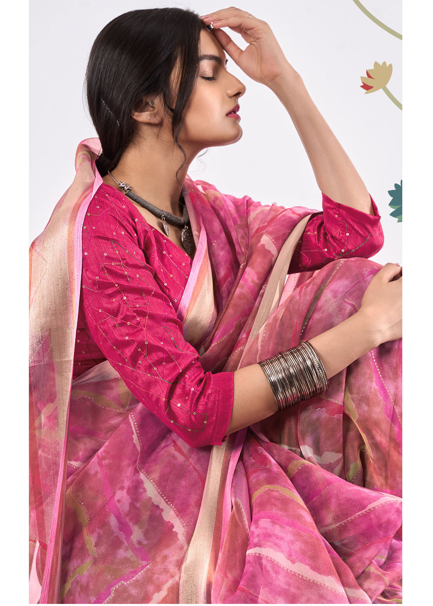 Pure Organza Copper Gold Zari Border Pink Saree With Embroidery Sequin