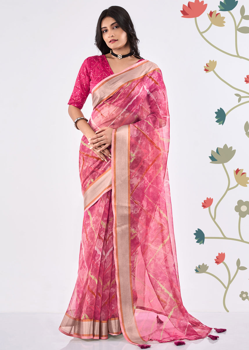 Pure Organza Copper Gold Zari Border Pink Saree With Embroidery Sequin