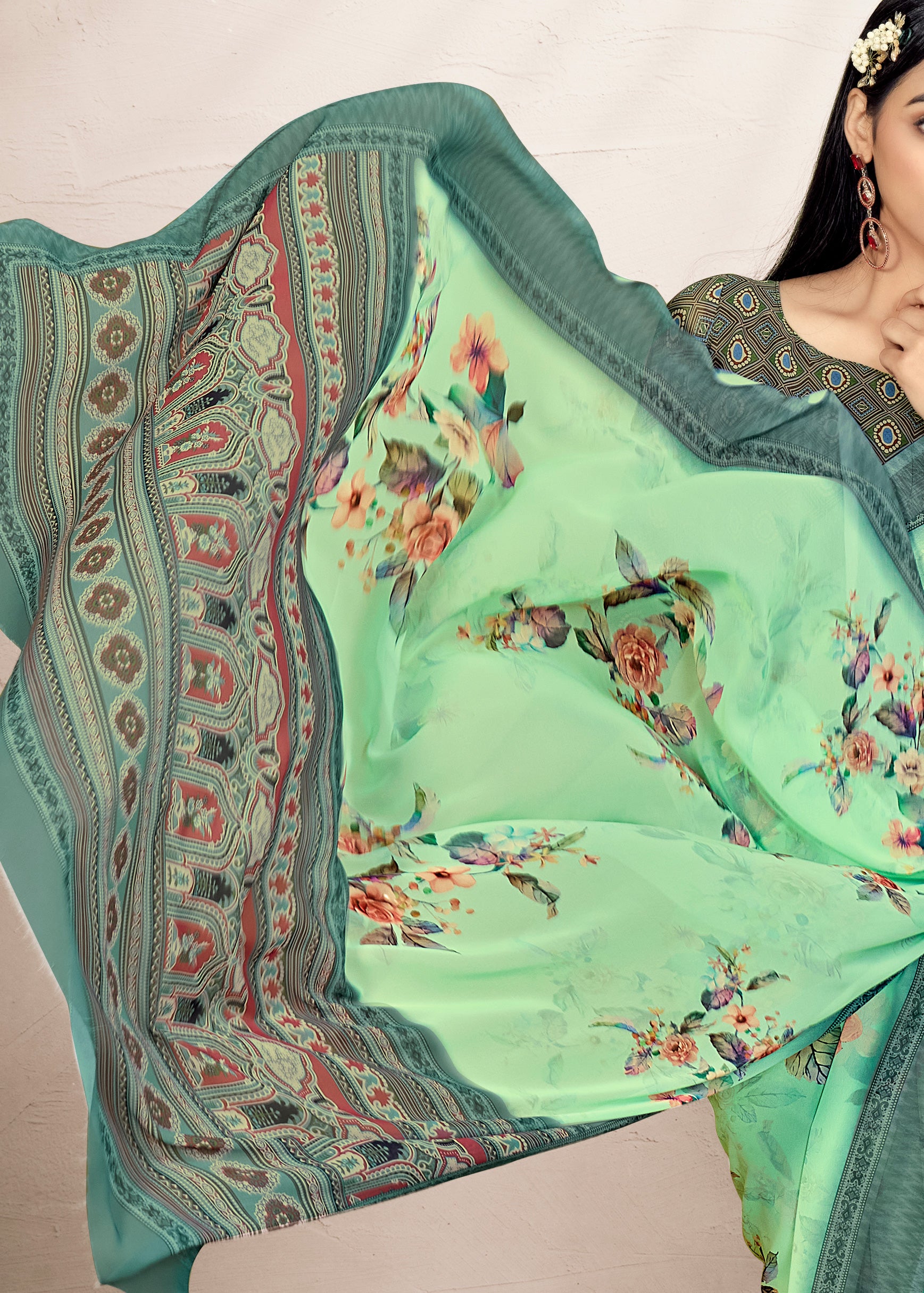 Pure Digital Floral Prints Bluish Green Weavng Lappet Weightless Georgette Saree