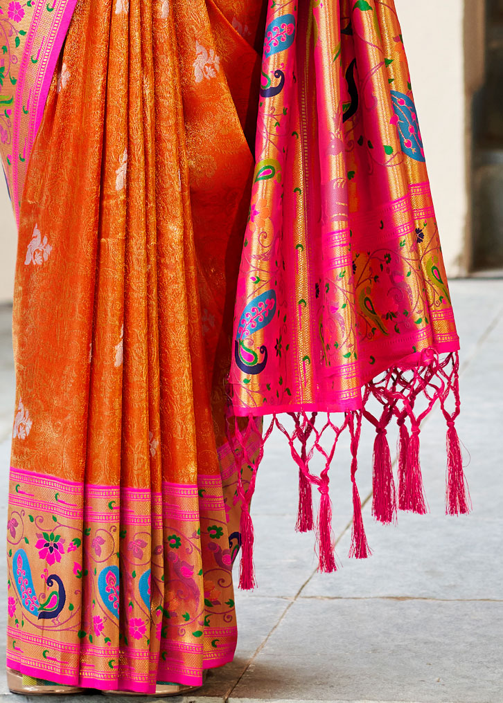 Gold Kanchipuram Silk Orange Paithani Saree