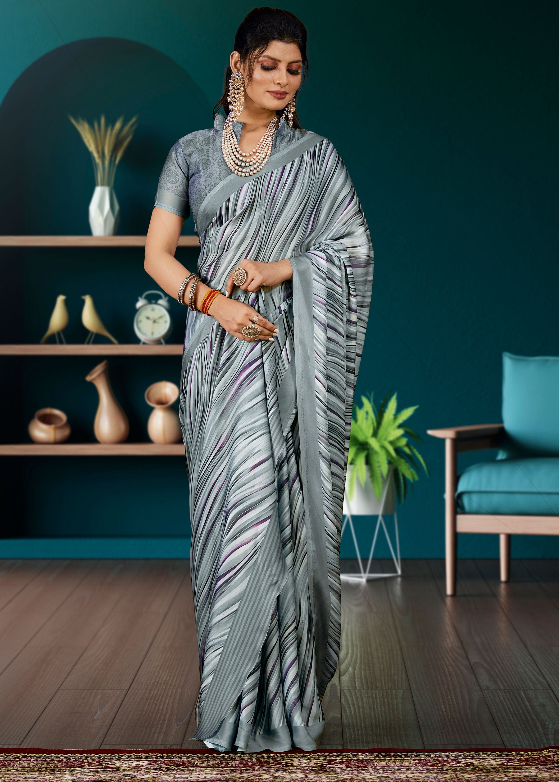 Pure Digital Abstract Prints Silver Grey Satin Crepe Georgette