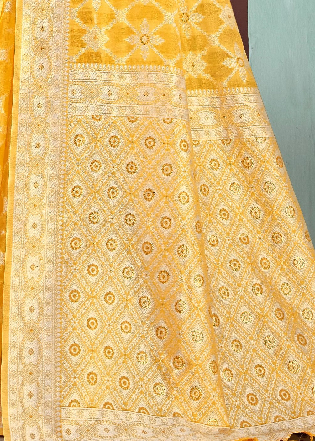Chikankari Woven Yellow Soft Cotton Saree