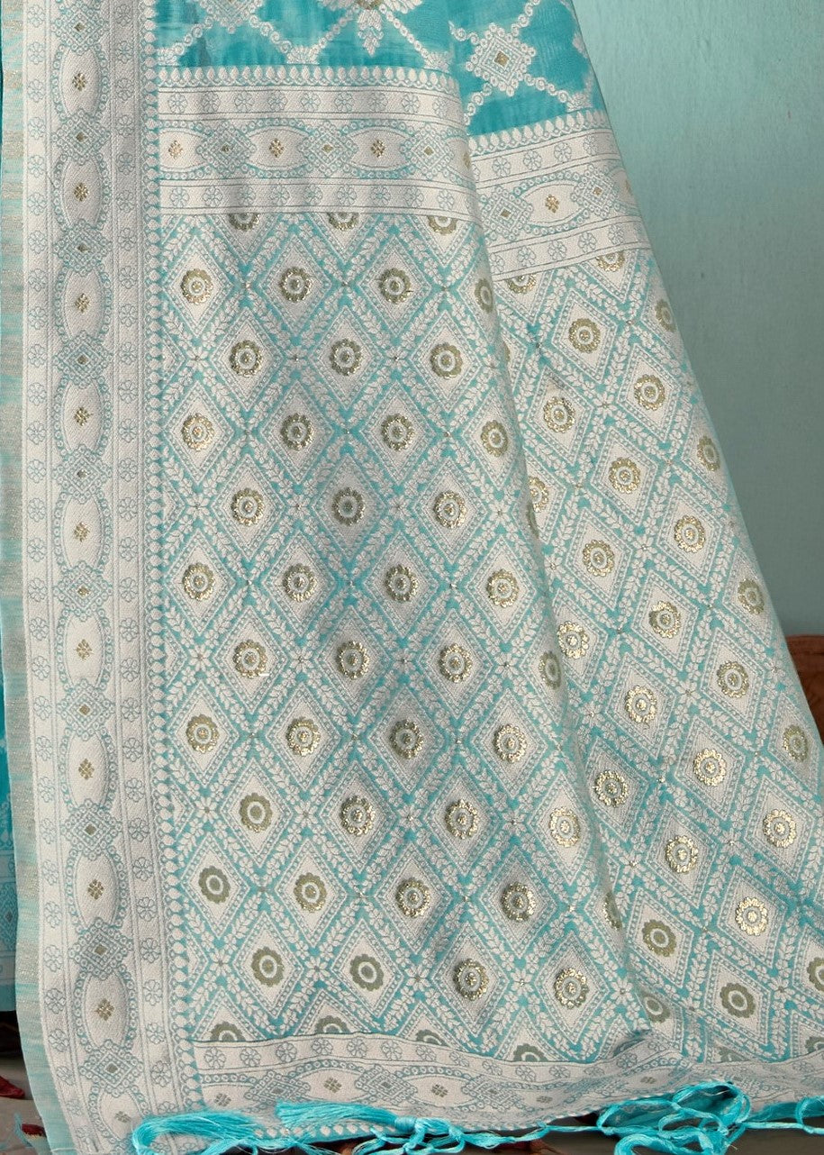 Chikankari Woven Blue Soft Cotton Saree