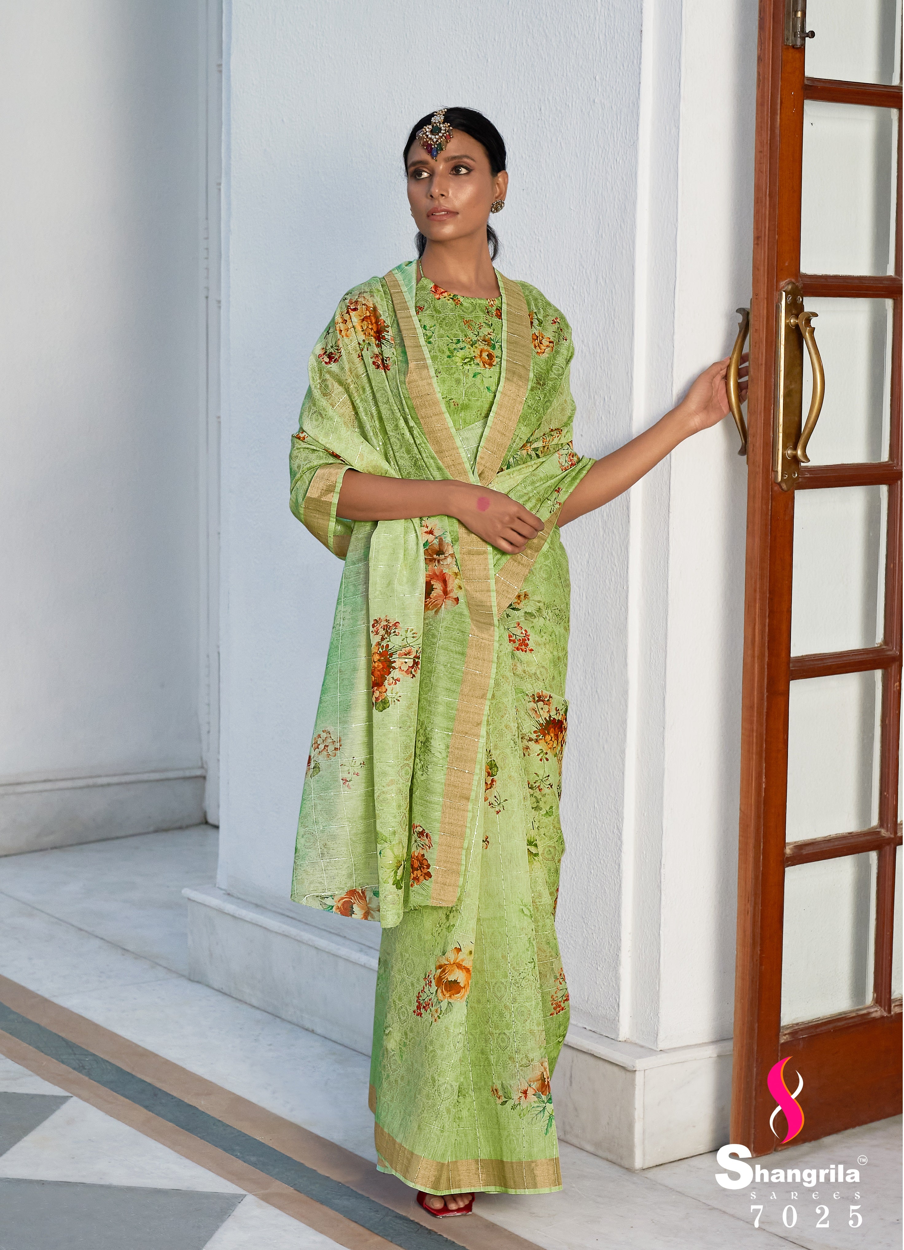 LIME GREEN SEQUINS WORK DIGITAL PRINTED PURE LINEN SAREE