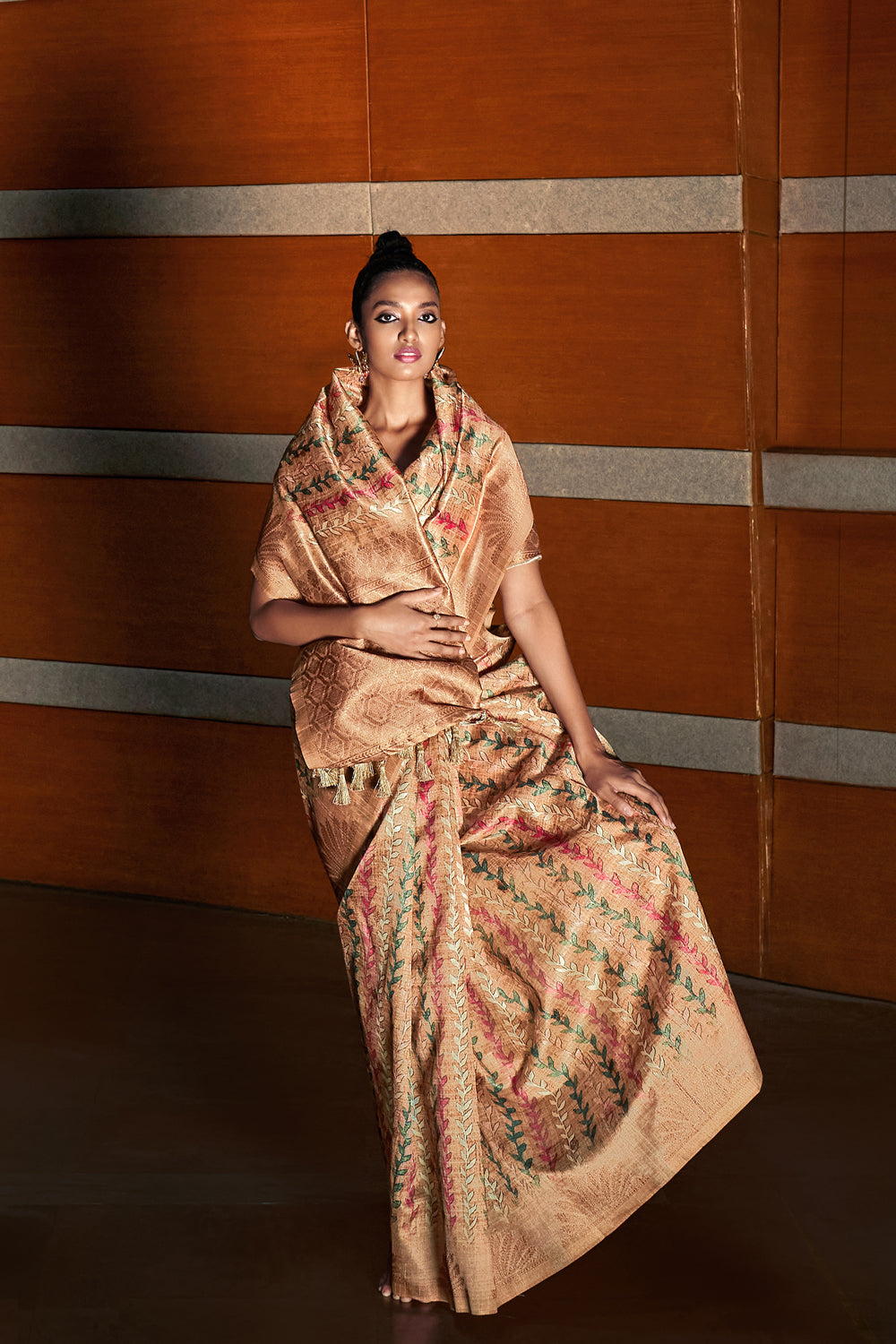 Gold Beige Digital Printed Handloom Silk Saree By Shangrila
