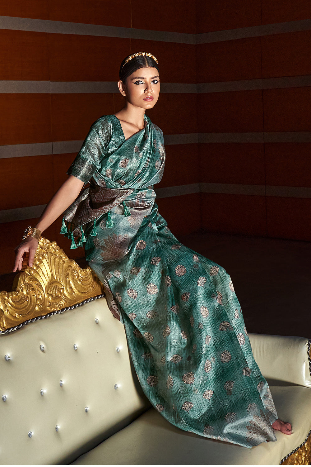 Sea Green Digital Printed Handloom Silk Saree By Shangrila Designer Saree