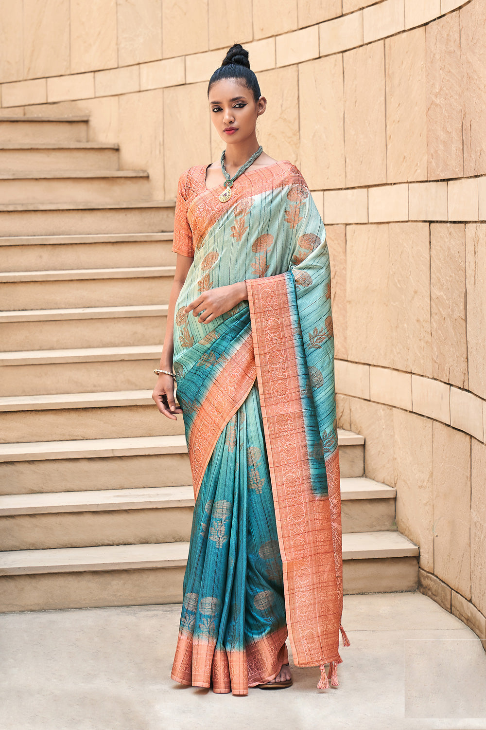 Sky Blue Digital Printed  Silk Saree  With  Blouse Piece By Shangrila Designer