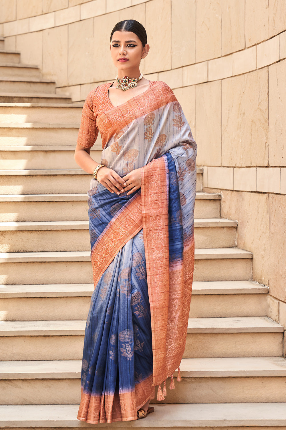 Blue Digital Printed  Silk Saree  With  Blouse Piece  By Shangrila Designer