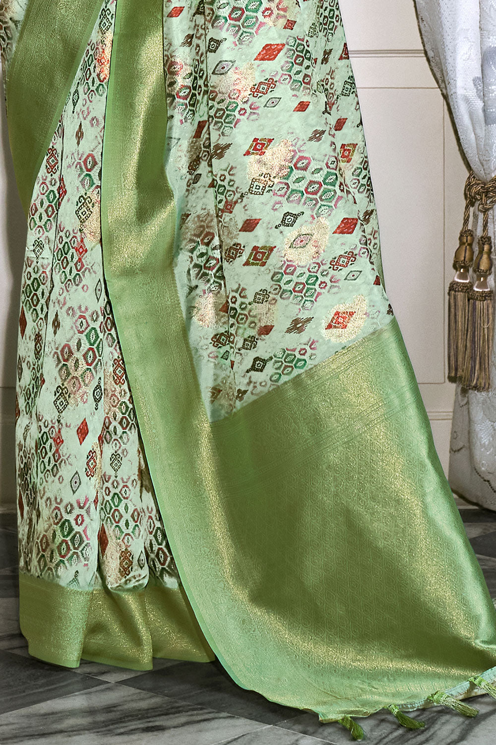 Light Green Woven Digital Printed Lichi Silk Saree