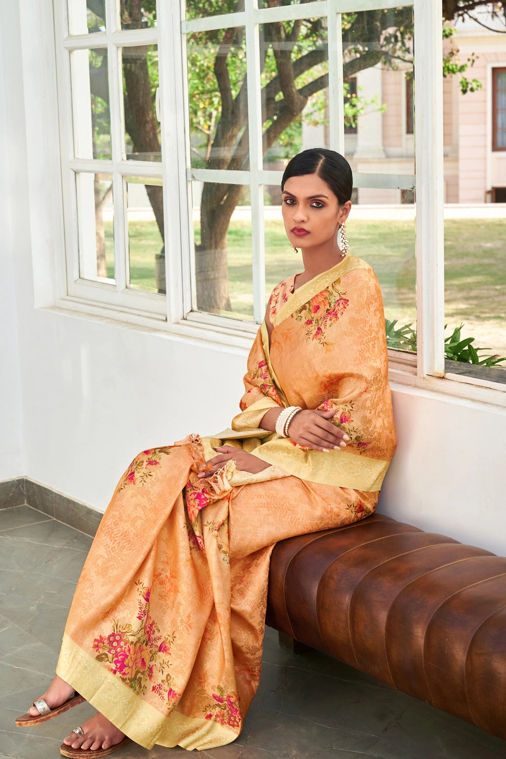 Light Orange Floral Silk Blend Woven Designer Banarasi  Saree