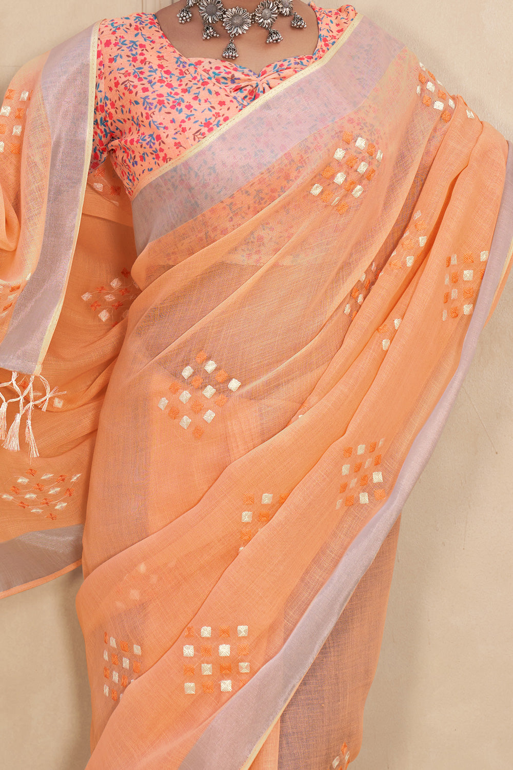 Orange Embroidery Linen Saree