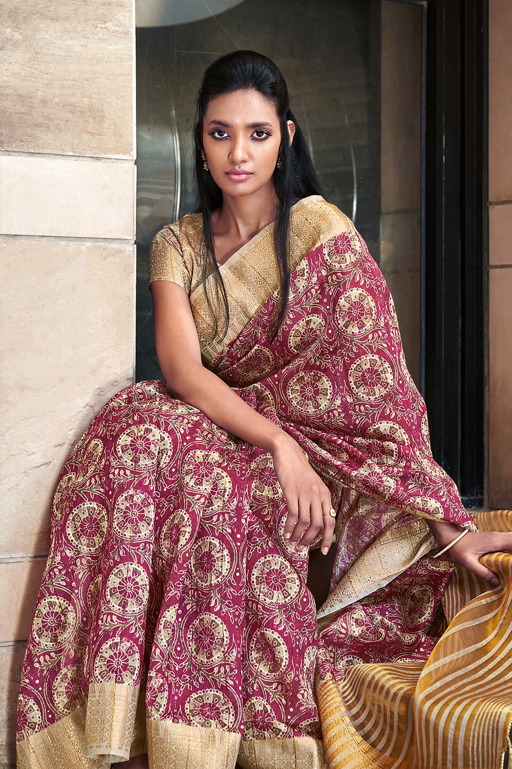 Magenta Printed Linen Silk Saree By Shangrila