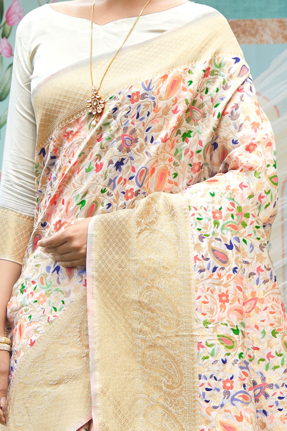 Pure White Kashmiri Woven Silk Saree