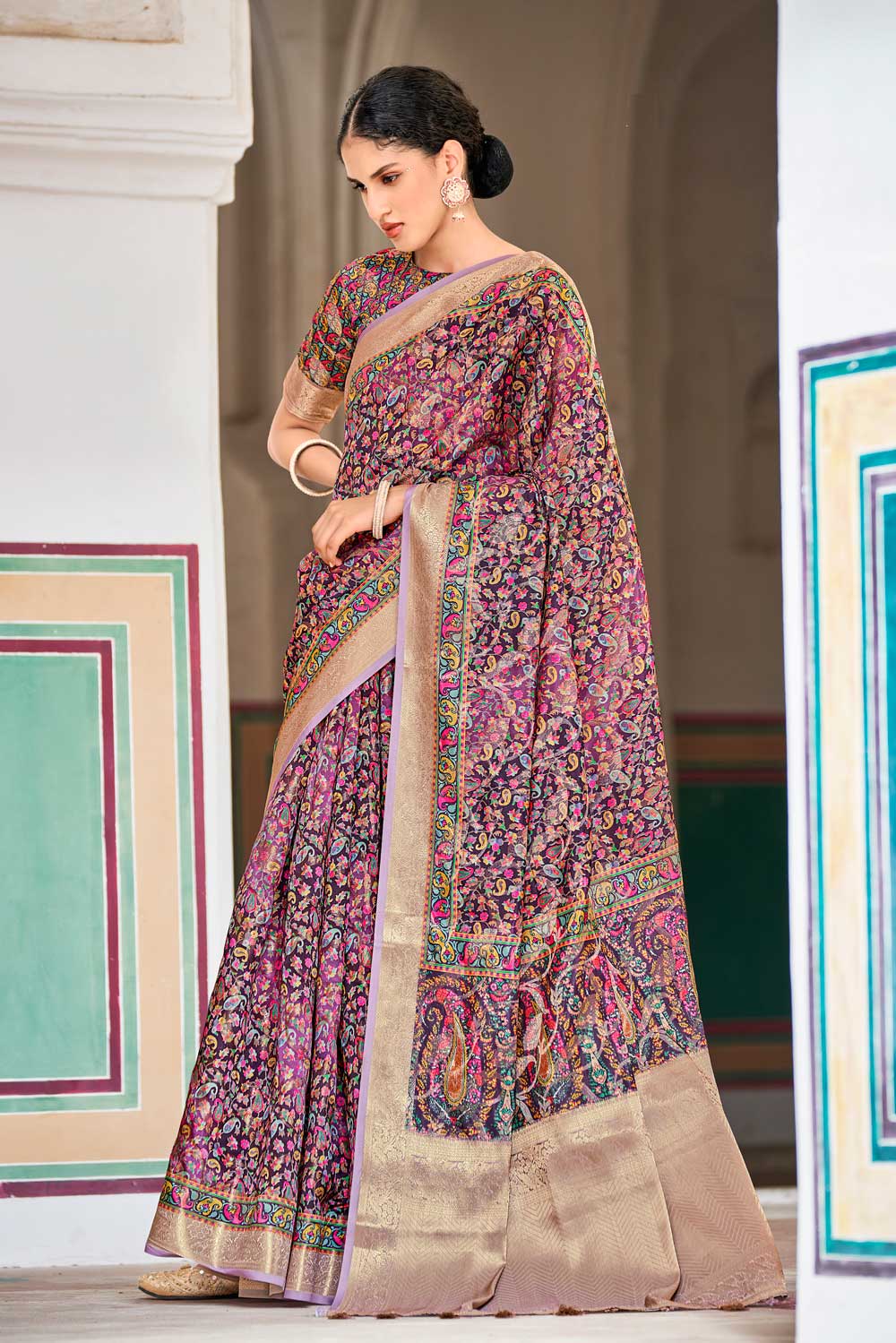 Lavender Woven Printed Silk Saree