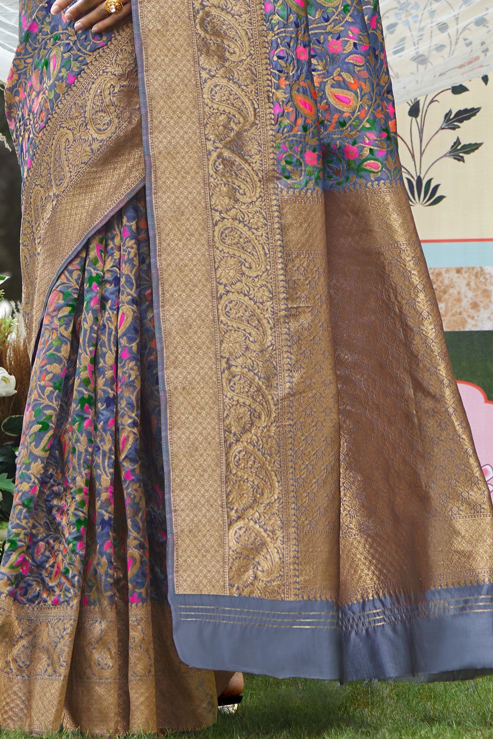 Pewter Grey Kashmiri Woven Silk Saree
