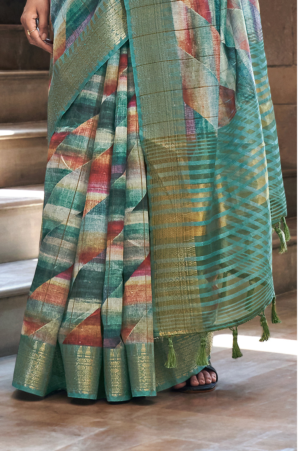 Multicolor Printed Linen Silk Saree By Shangrila