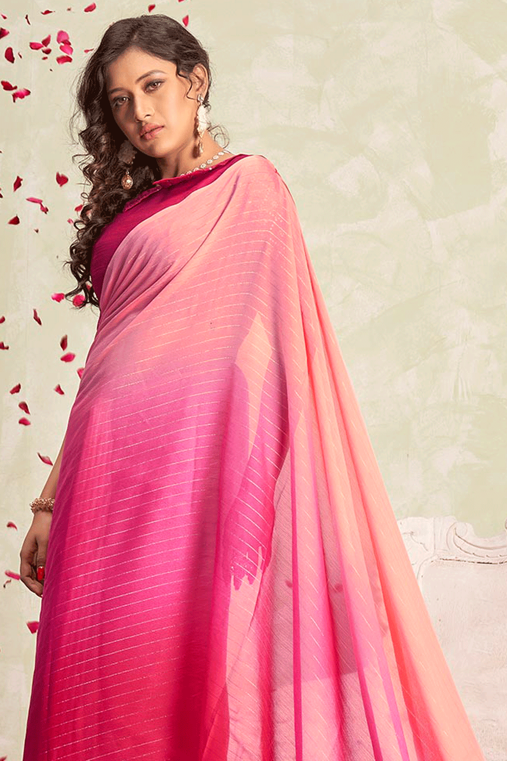 Baby Pink Satin Printed designer saree