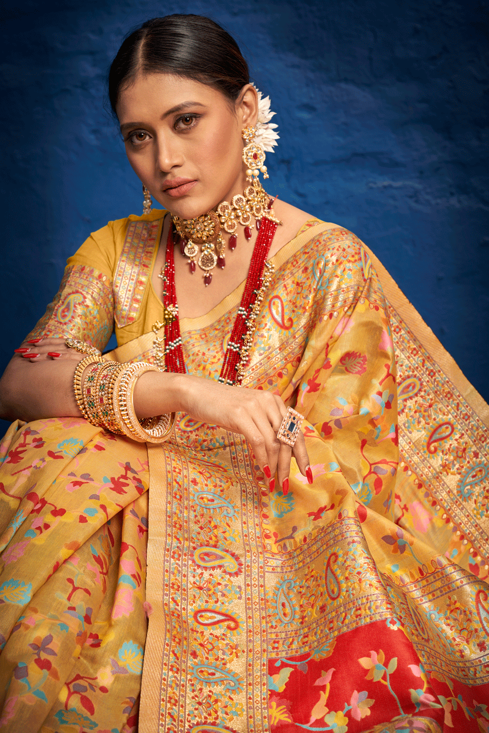 Canary Mustard Pashmina Kashmiri Silk Saree