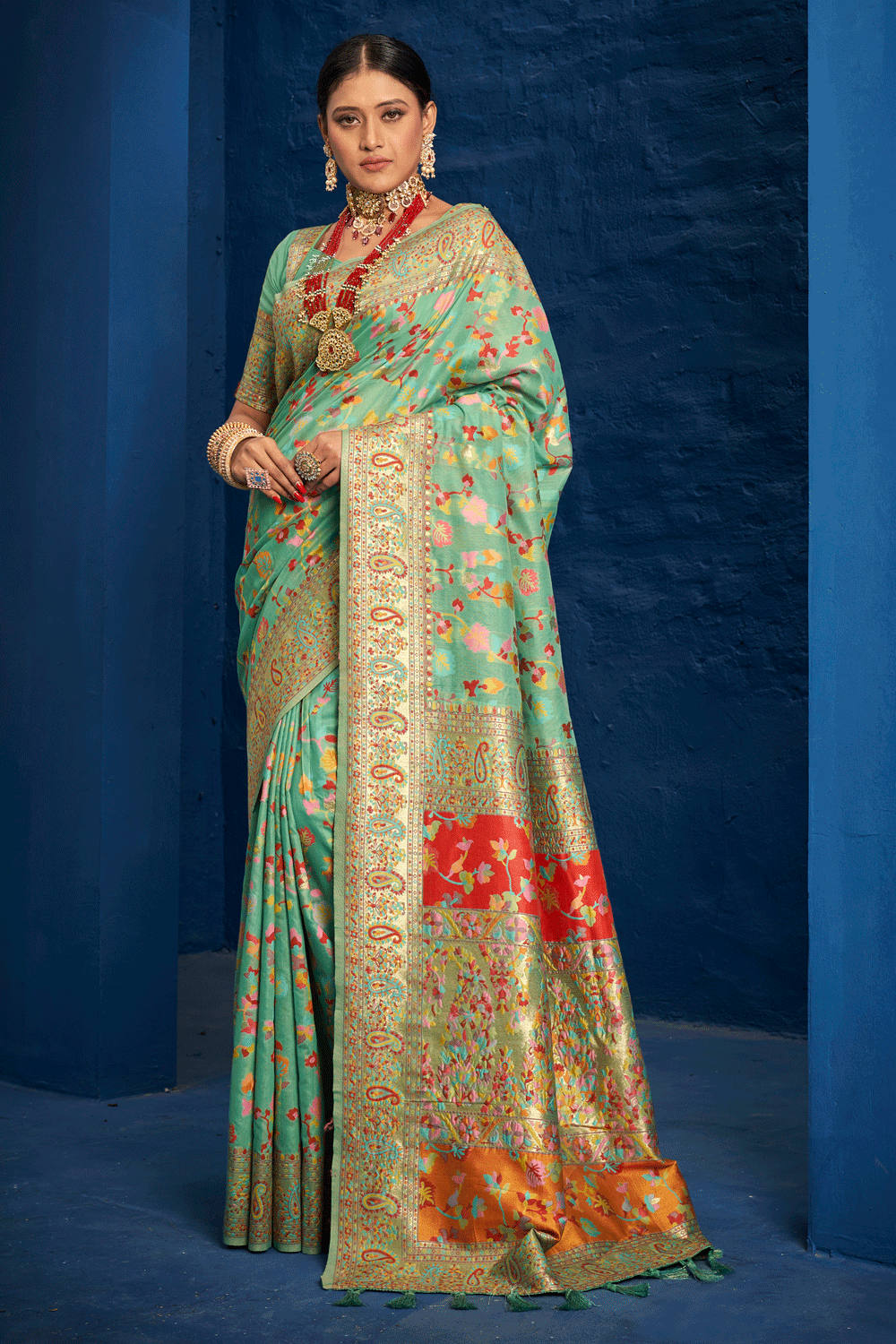 Mint Green Pashmina Kashmiri Silk Saree