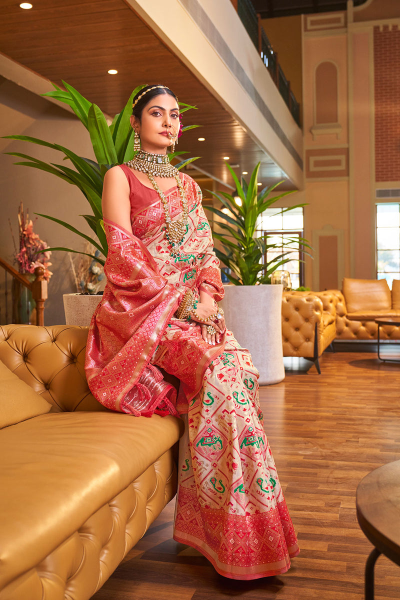 Patola Floral Printed Saree Ivory In Colour