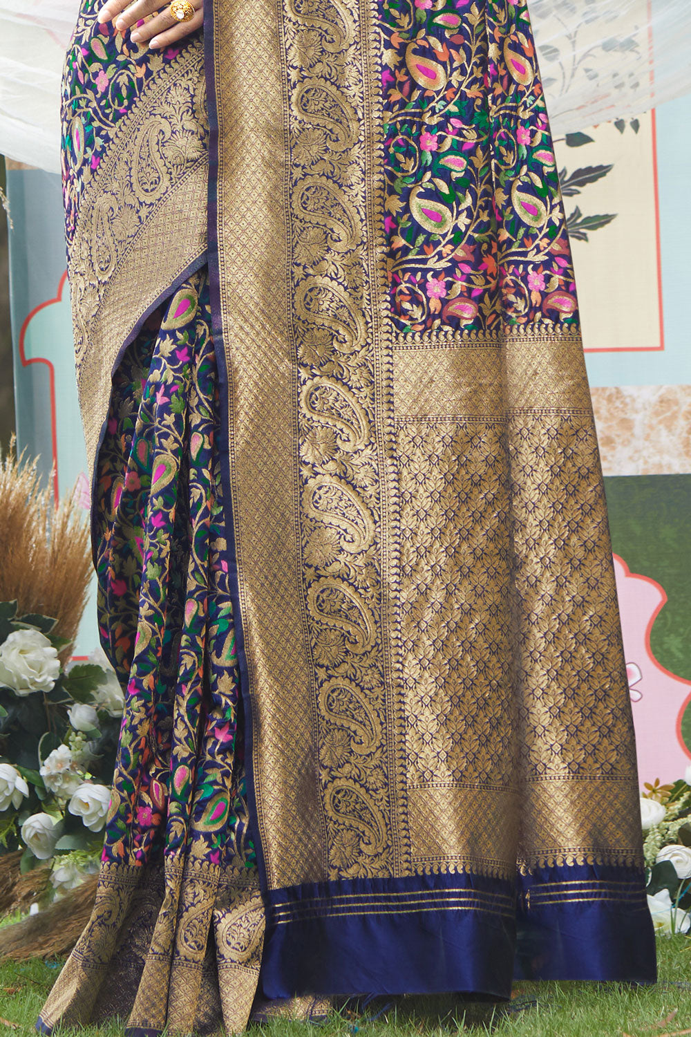 Royal Blue Kashmiri Woven Silk Saree