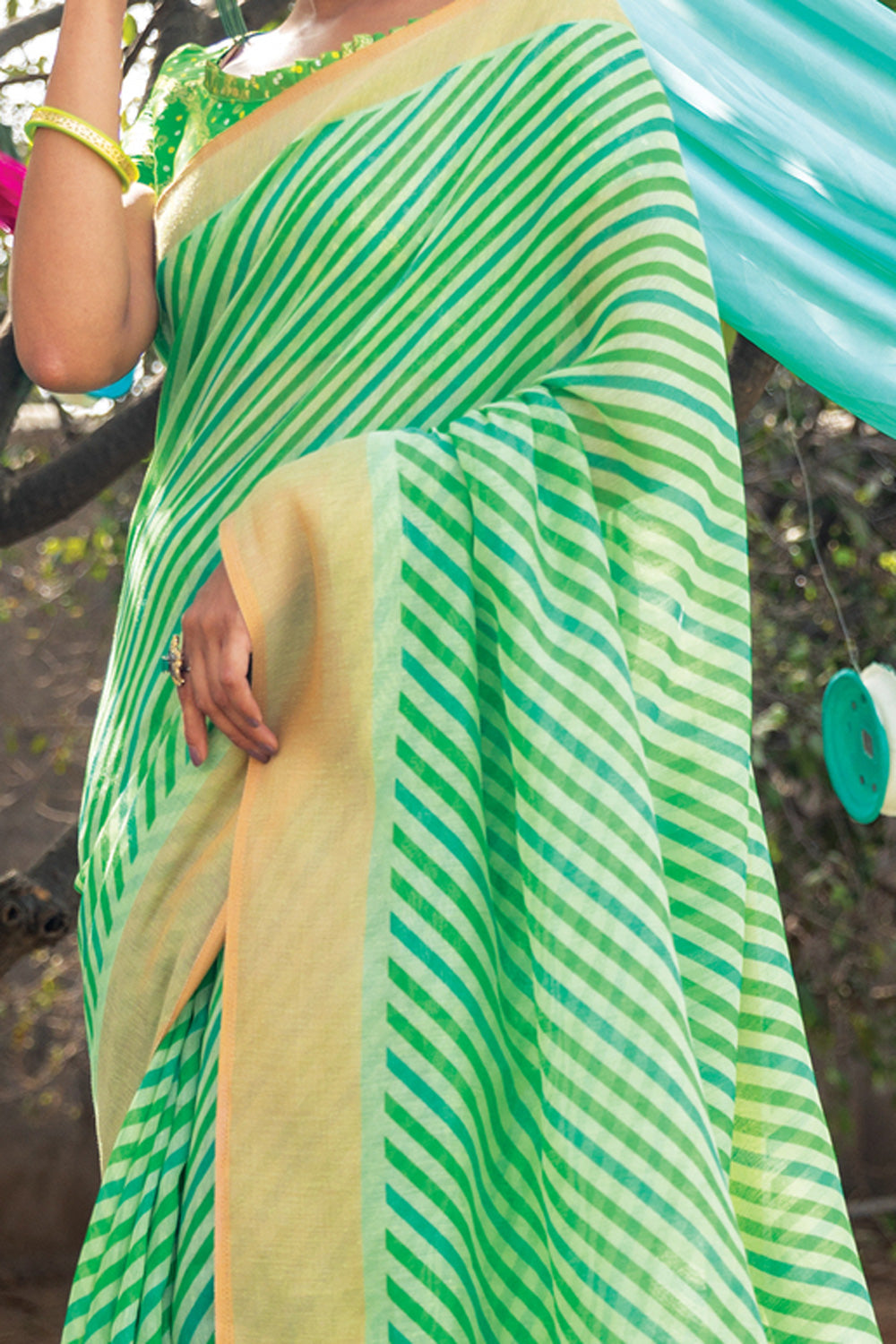 Green Lehariya Printed Linen Saree