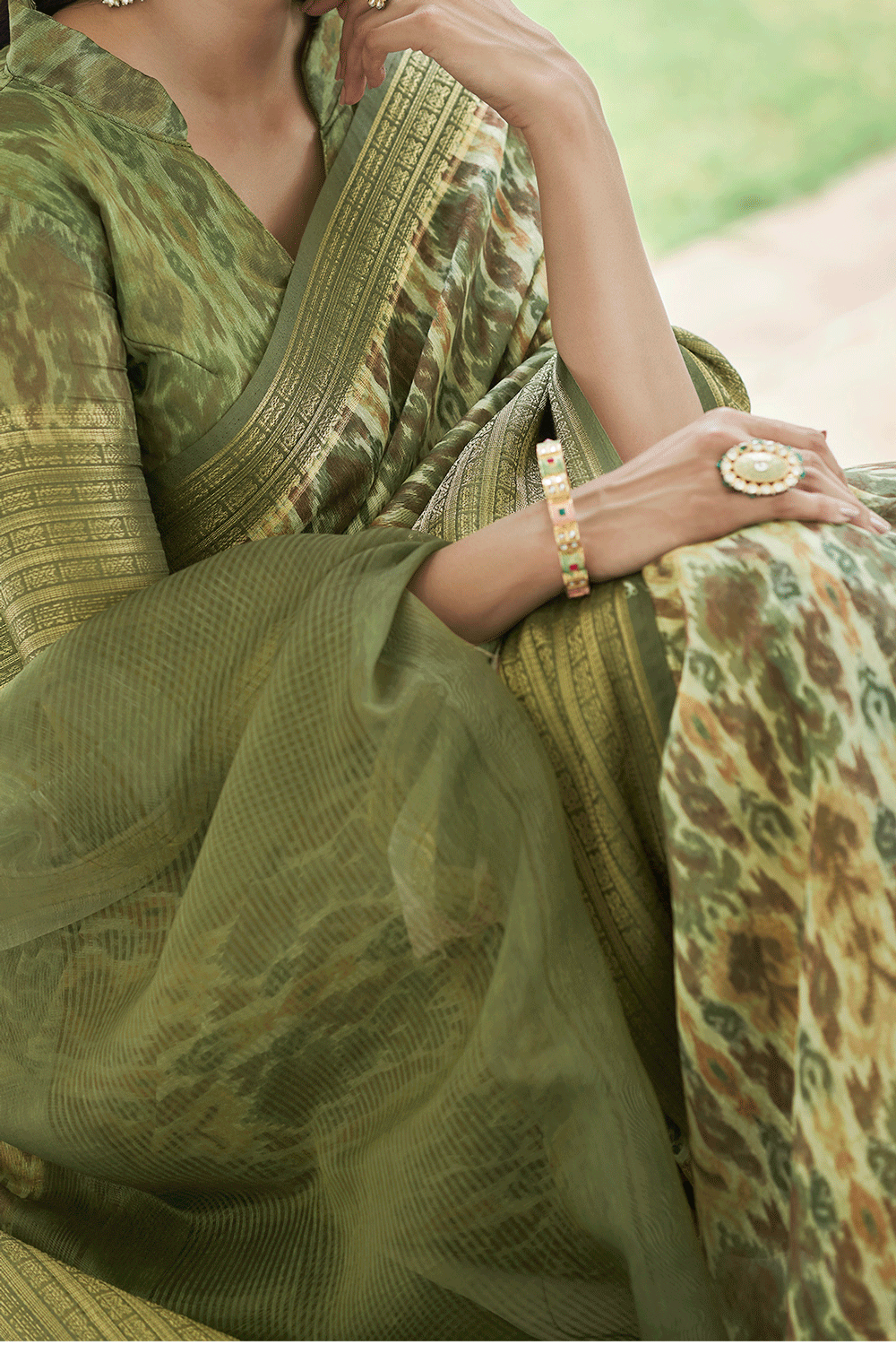 Bridal Green Digital Printed Linen Saree