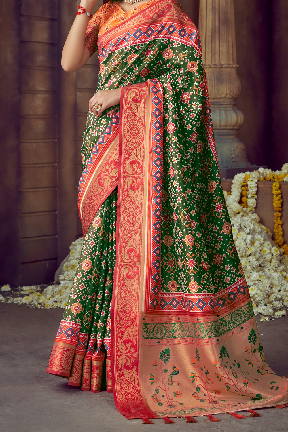 Green Toned Paithani Patola Silk Printed Blend Saree
