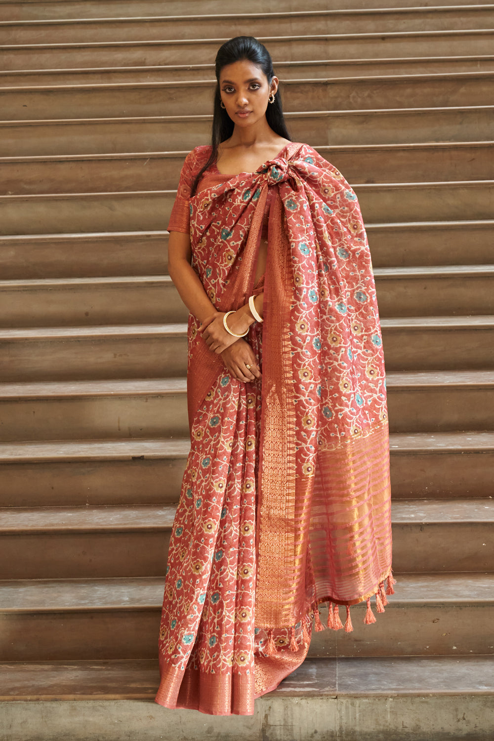 Brown  Printed Linen Silk Saree By Shangrila