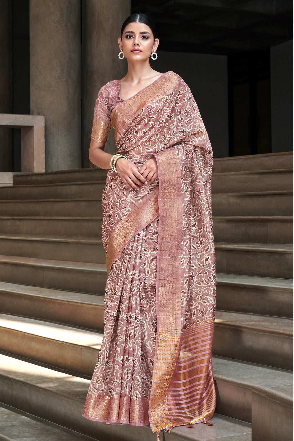 Baby Pink Printed Linen Silk Saree By Shangrila