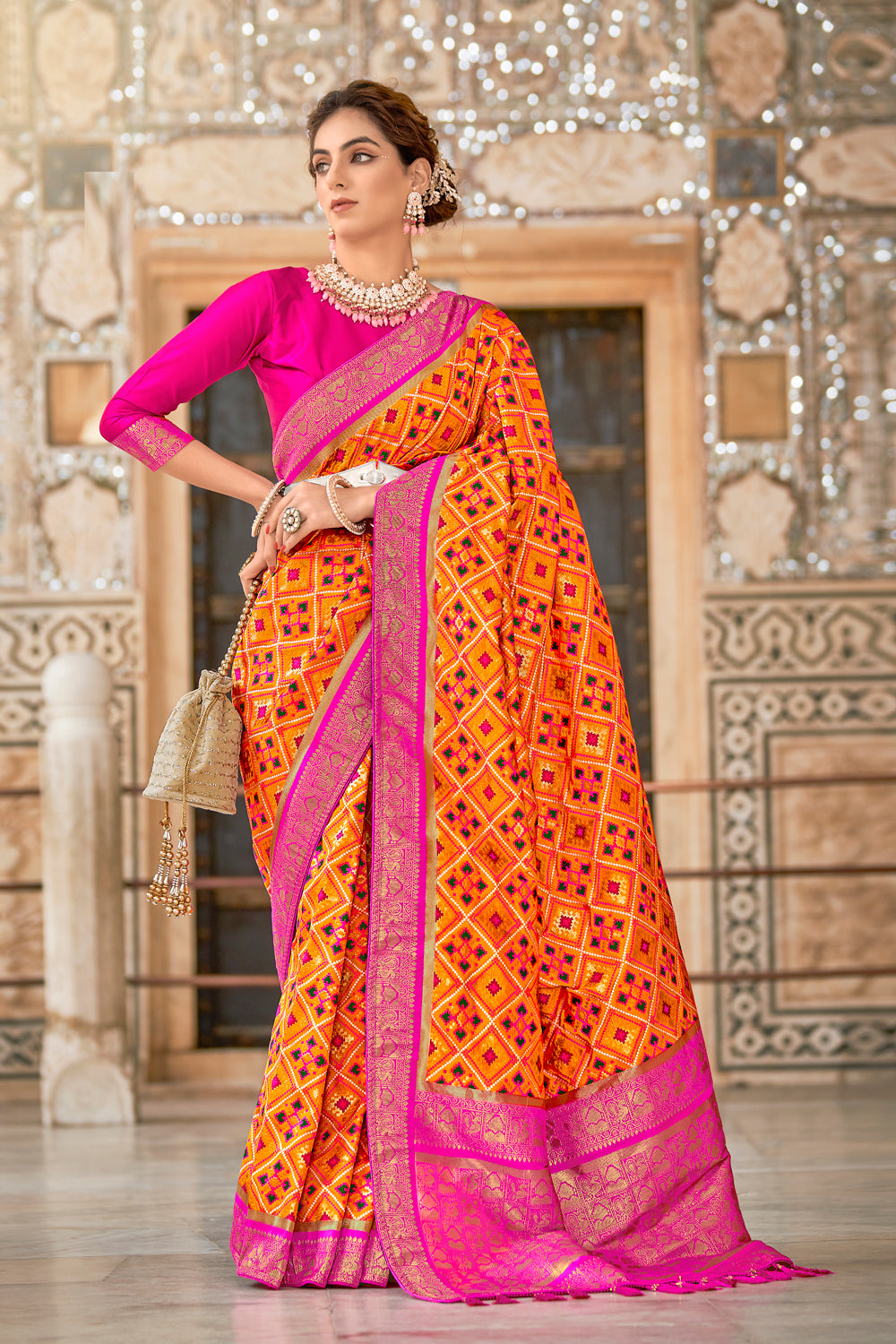 Orange Toned Woven Patola Silk Saree