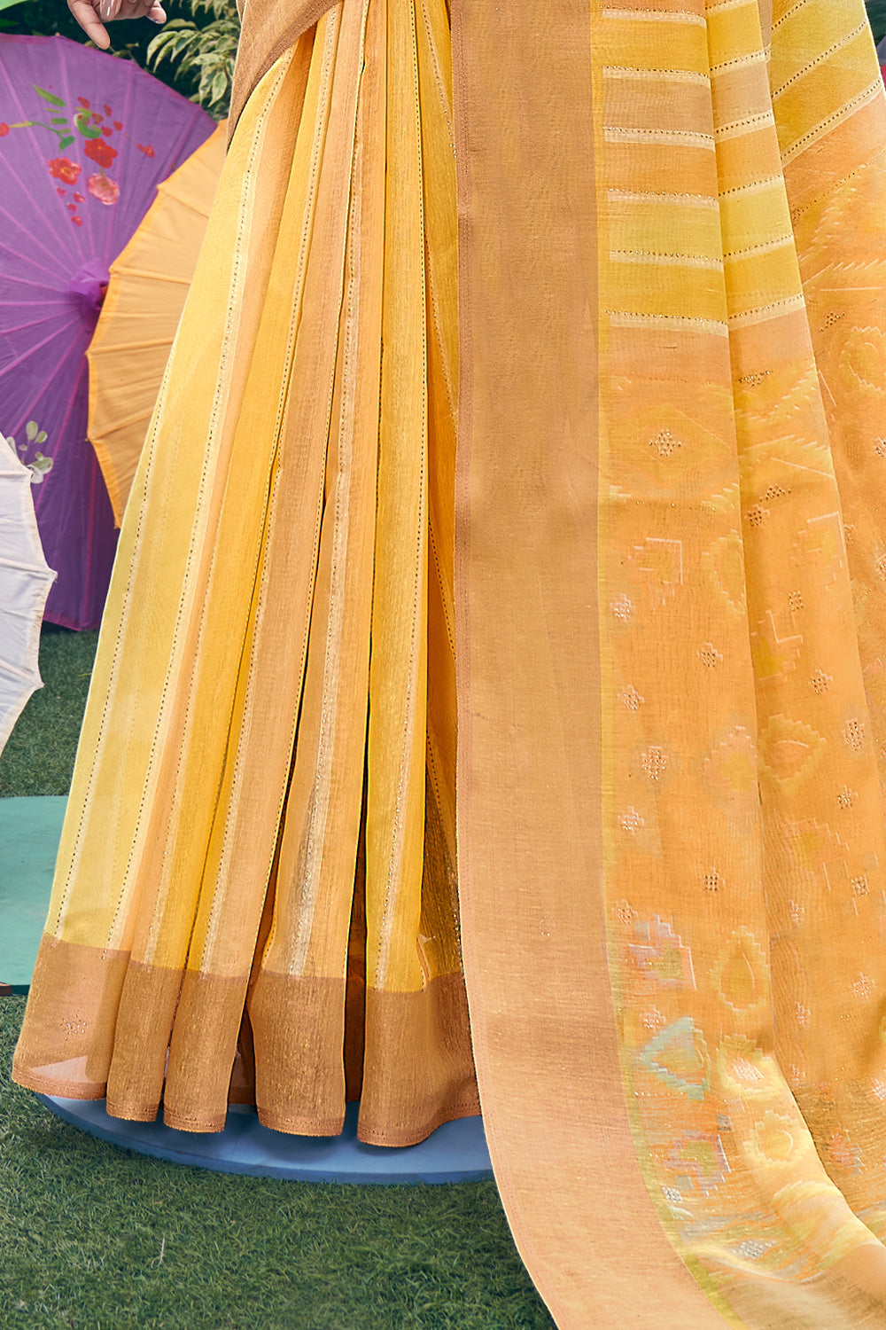 Musturd Yellow Striped Cotton saree