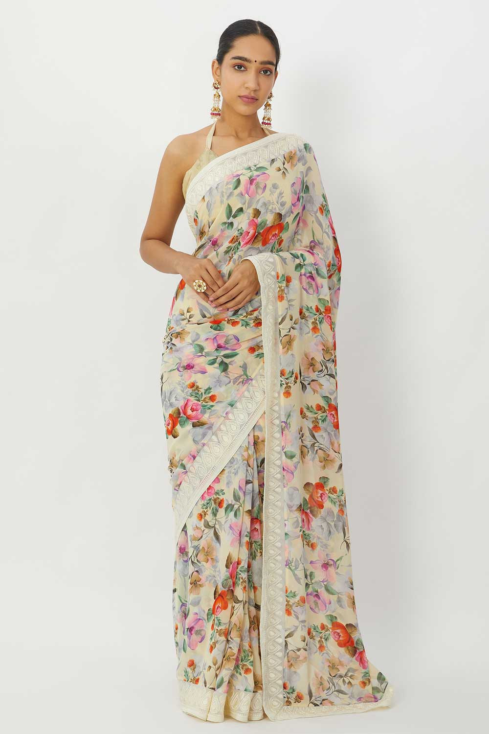 Off White Floral Printed Georgette Saree