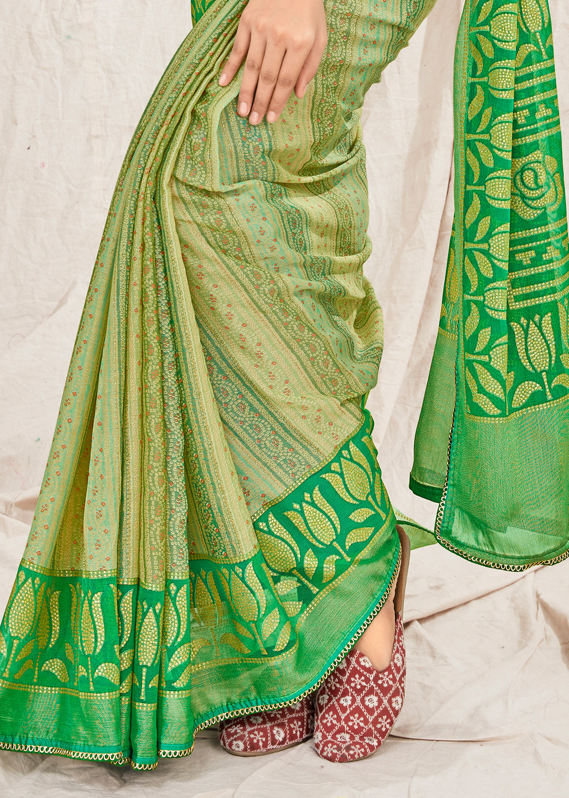 Bandhani Bandhej Printed Light Green Soft Marble Chiffon Saree